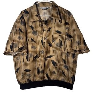 Vintage Irvine Park XL Abstract‎ Print Blouse Banded Hem Brown Black 90s Top